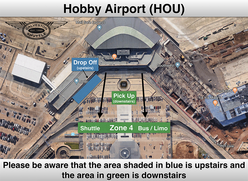 hobby airport showing pickup locations for shuttle to galveston