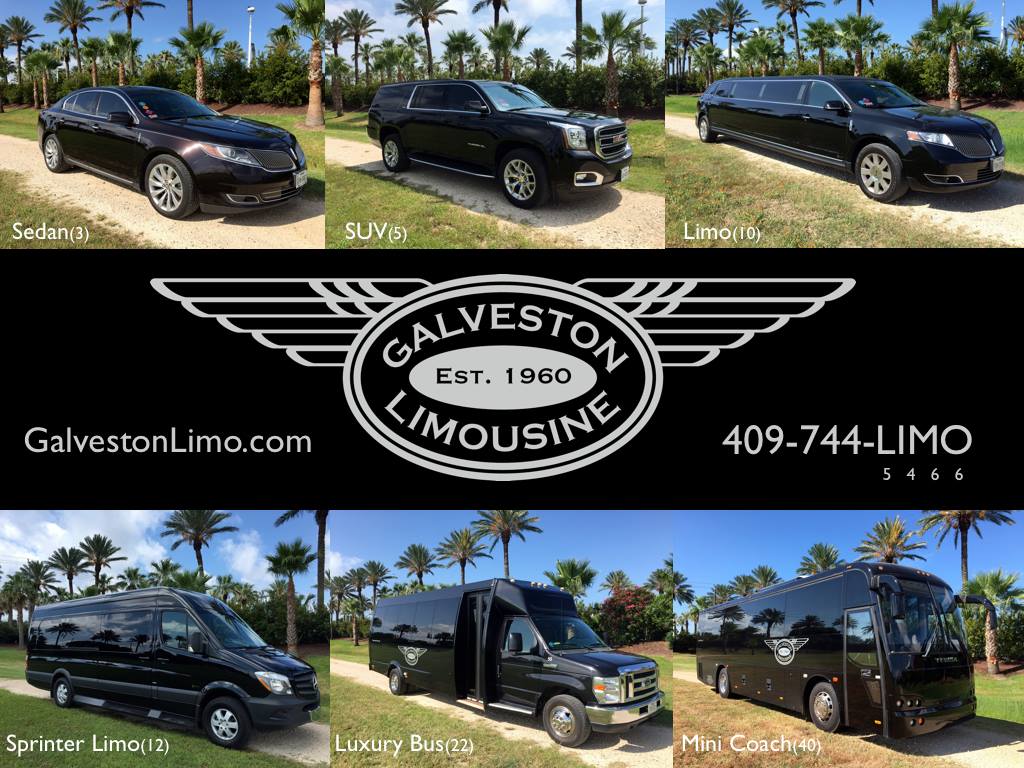 galveston limousine showing logo and some of the vehicles from our fleet.