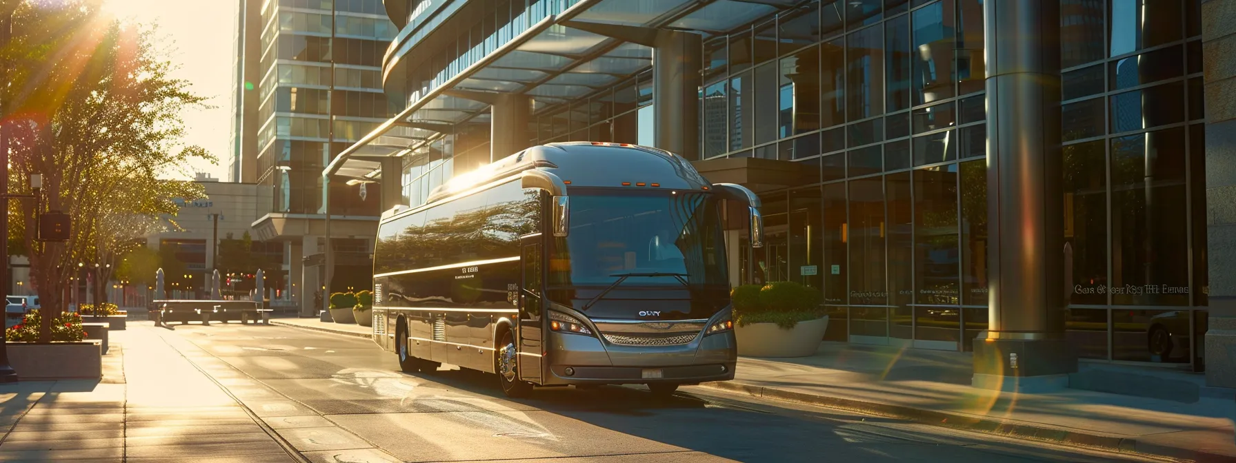 an elegant charter bus parked outside a modern office building, ready to transport corporate professionals to their next event.