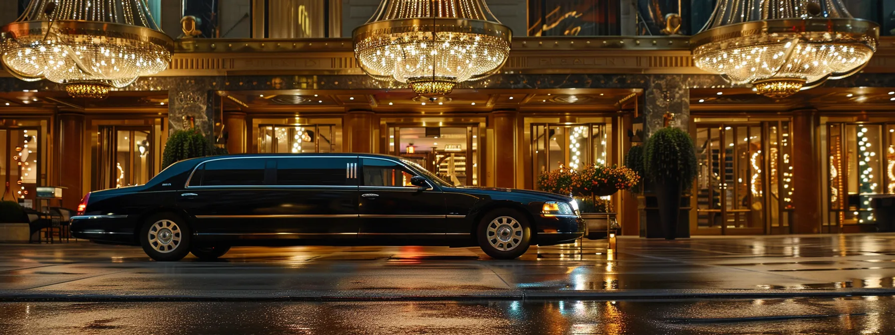 a luxurious limousine parked in front of a grand hotel entrance, symbolizing the premium charter services redefining houston travel with comfort and style.