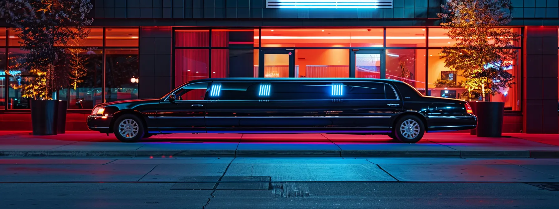 a sleek, black limousine waiting in front of a vibrant houston event venue, ready to transport guests in luxurious style.