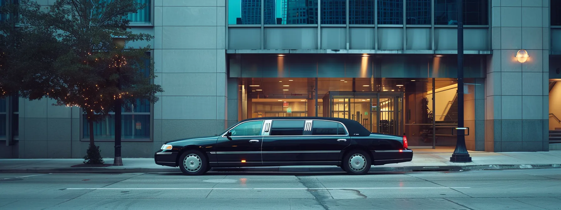 a sleek, luxurious limousine waiting outside a modern office building, ready to whisk passengers away on a seamless journey through houston.