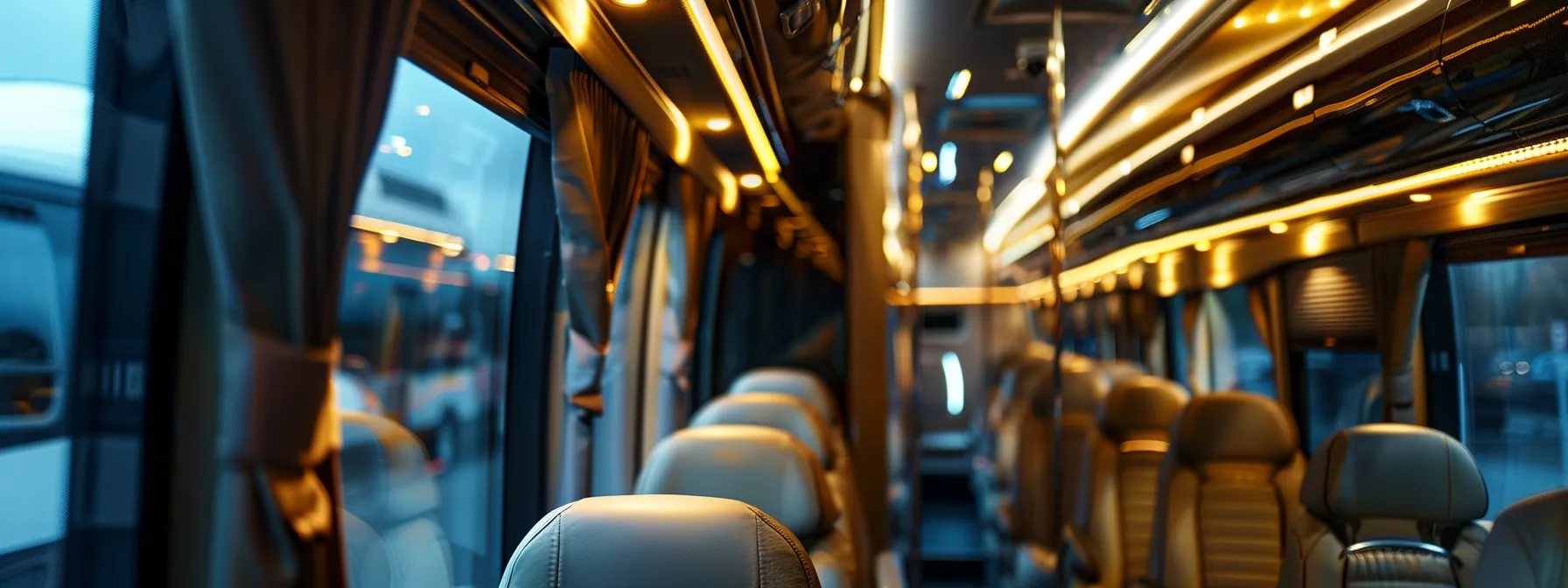 step inside a sleek luxury coach bus with plush seating, elegant lighting, and modern amenities, setting the stage for a sophisticated houston journey with galveston limousine.