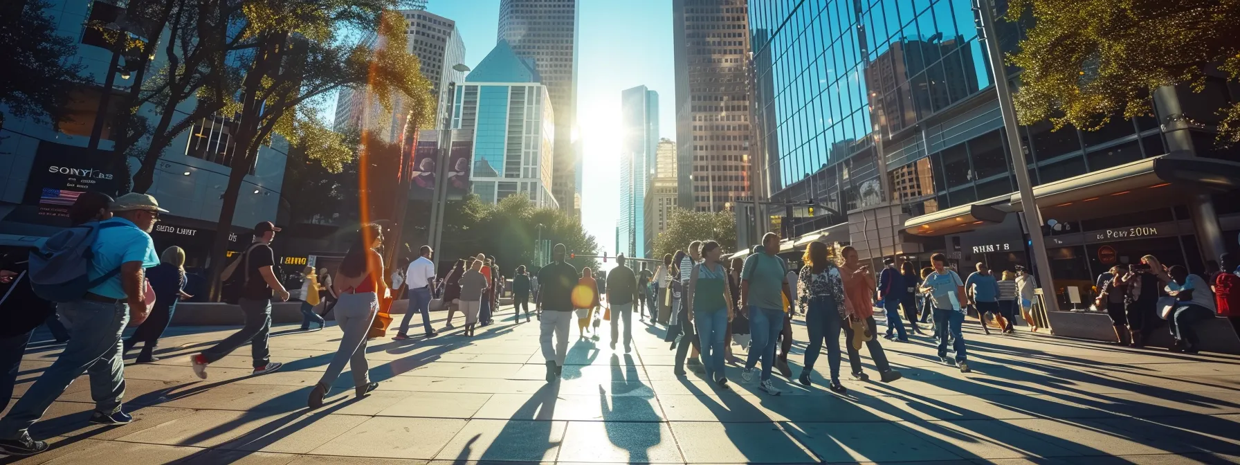 capture the vibrant energy of houston's bustling streets as diverse groups of people explore the city under a clear blue sky.