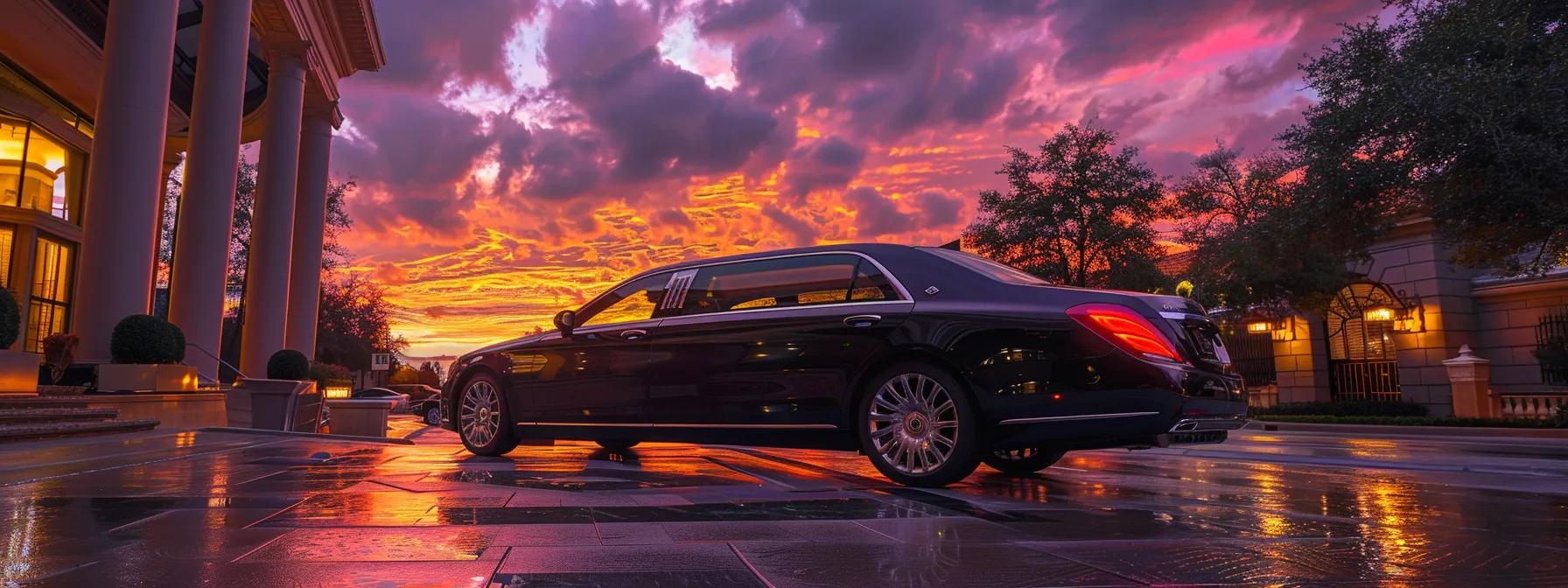 a sleek, black luxury limousine parked in front of an opulent hotel under a vibrant sunset, showcasing the essence of sophisticated travel in houston.