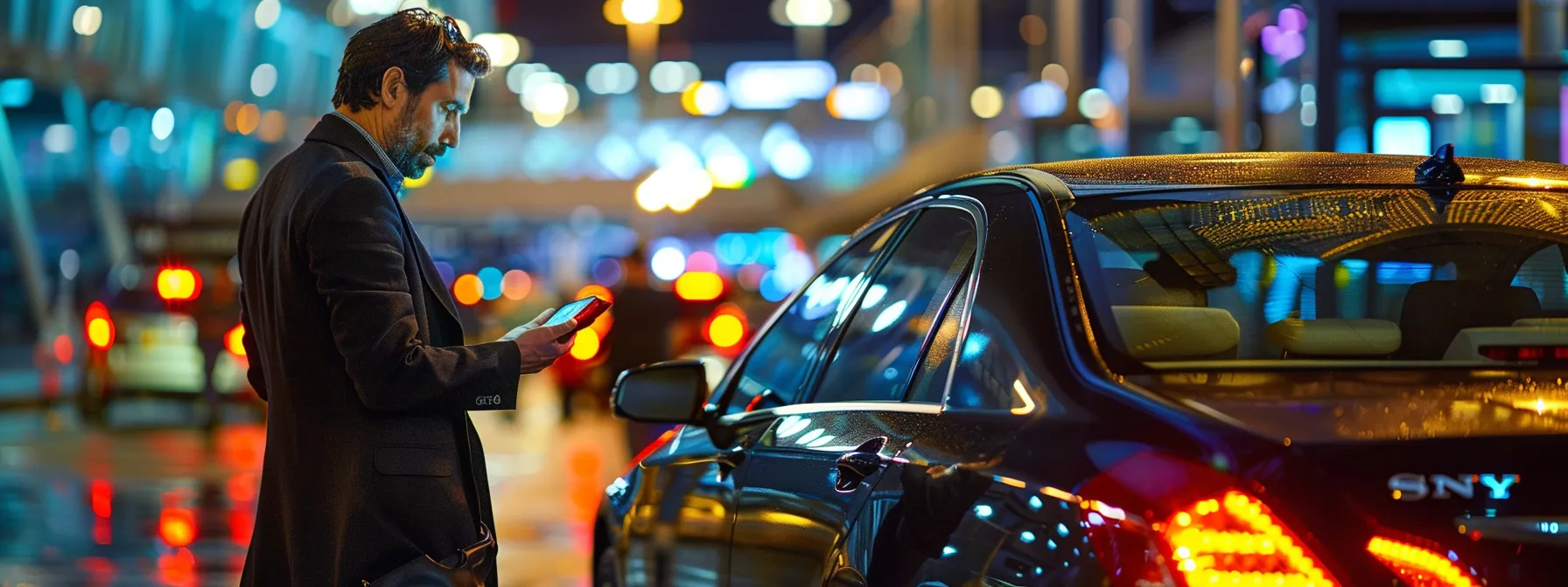 a confident traveler, dressed in smart casual attire, stands next to a sleek black sedan at the bustling george bush intercontinental airport, reviewing essential booking information on a digital device while surrounded by bright terminal lights and the dynamic movement of fellow passengers.