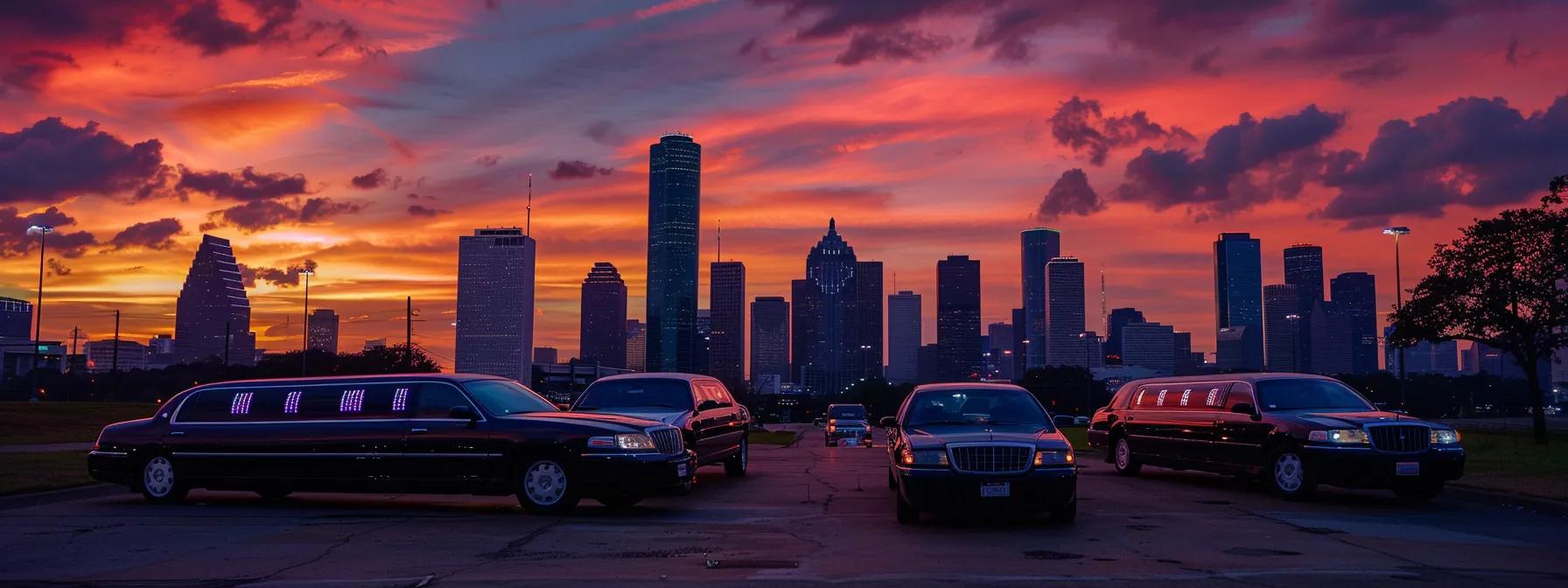 a dazzling array of specialty limousines, including exotic and elegant options, gleam under the vibrant houston skyline at sunset, embodying luxury and celebration for every occasion.