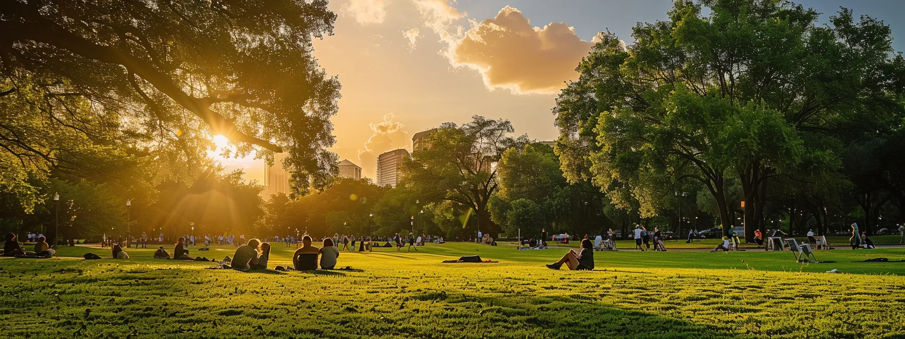 a lush green park in houston at sunset, with a diverse group of travelers reading reviews on their smartphones, highlighting the anticipation and importance of securing reliable car service to the airport.