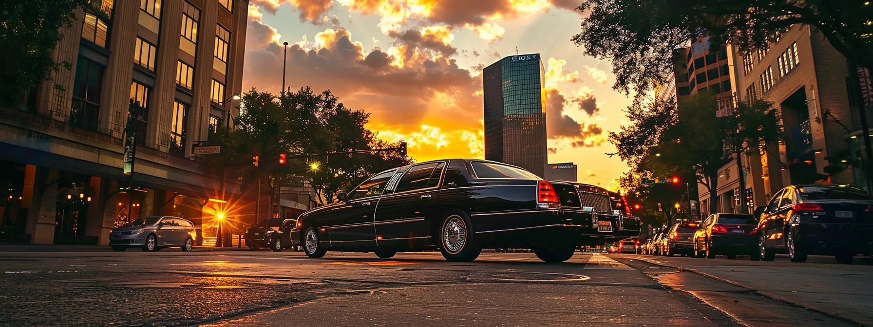 a luxurious black limousine glides through the vibrant streets of houston at sunset, its sleek silhouette reflecting the warm glow of the evening sky, symbolizing comfort and elegance in travel.