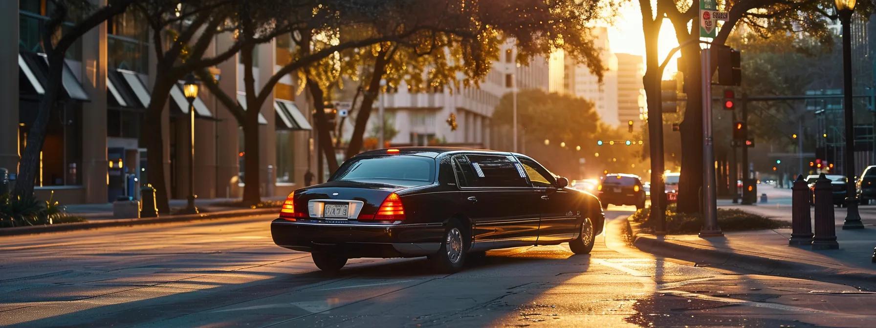 a luxurious limousine glides down a vibrant houston street at sunset, reflecting the warm golden hues while showcasing its sleek design and spacious interior through the tinted windows.