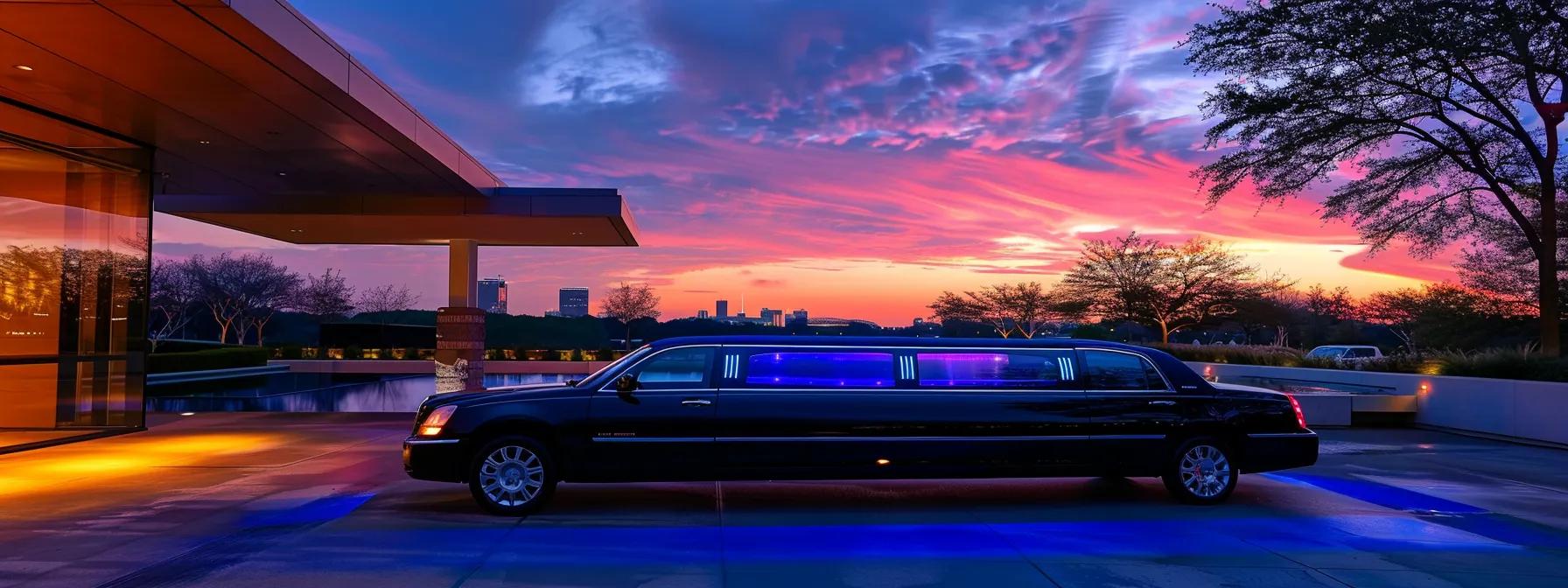 a luxurious stretch limousine gleams under the vibrant sunset lights of houston, parked elegantly in front of a high-end venue, inviting attention with its sleek design and polished finish.