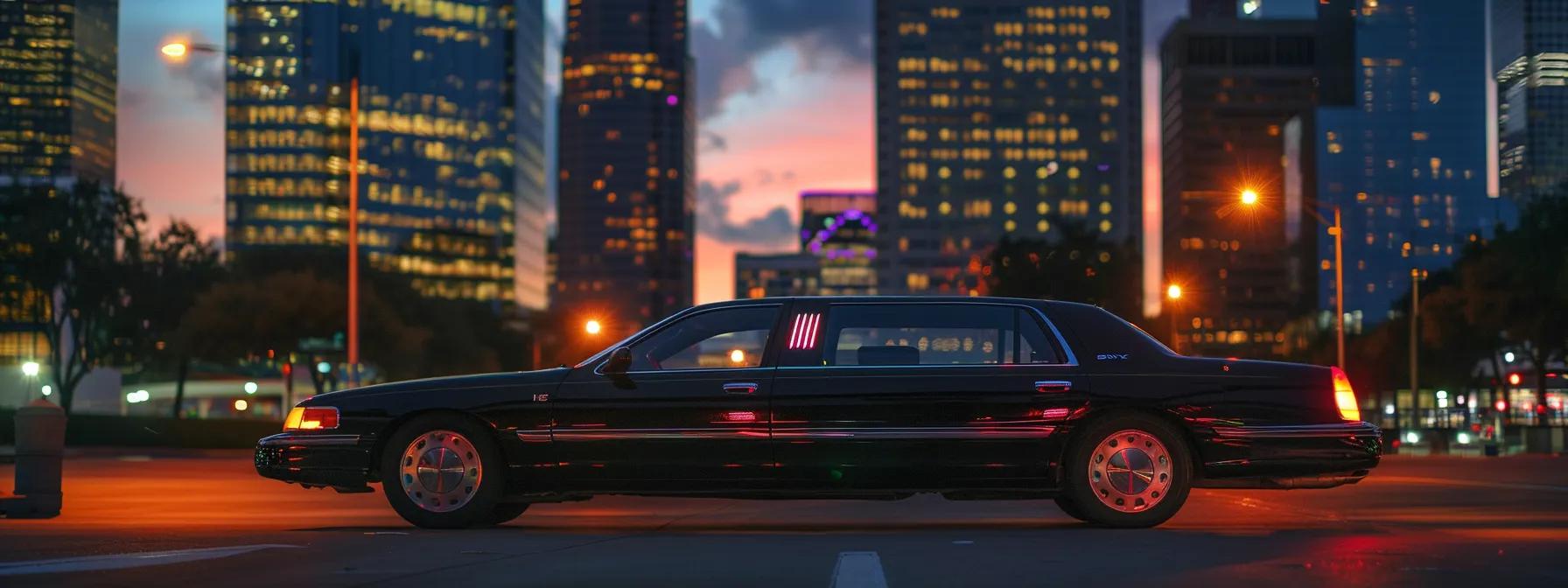 a polished black limousine gleams under the vibrant lights of houston's skyline at twilight, symbolizing elegance and luxury in transportation, inviting viewers to explore the finer details of limousine services.