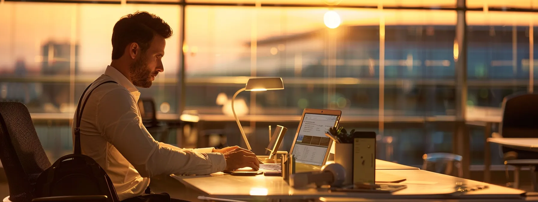 a professional traveler sits at a sleek, modern desk, illuminated by natural light, engaging with a user-friendly website on a laptop, while a smartphone displays timely notifications about their upcoming car service to iah.