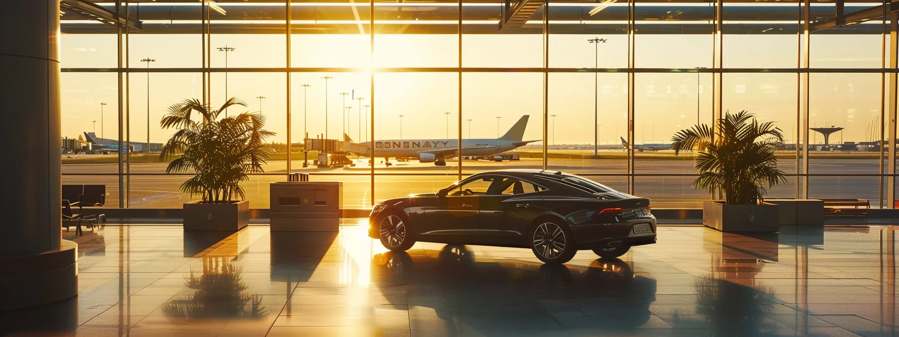 a serene airport scene captures a sleek black car waiting at a clearly marked pick-up area under soft, warm sunlight, symbolizing a smooth and efficient travel experience.