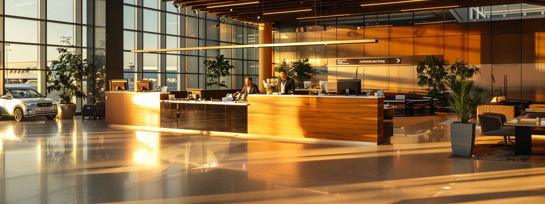 a serene, modern airport service counter bathed in warm, inviting light, showcasing an attentive staff member engaging with a satisfied customer surrounded by gleaming vehicles ready for reliable transportation.