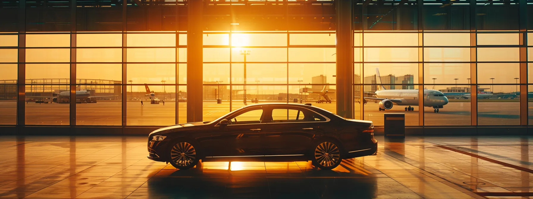 a sleek black sedan parked against a backdrop of a modern airport, with a sunlit horizon casting a warm glow, symbolizing the concept of transparent pricing in car services through an inviting and professional atmosphere.