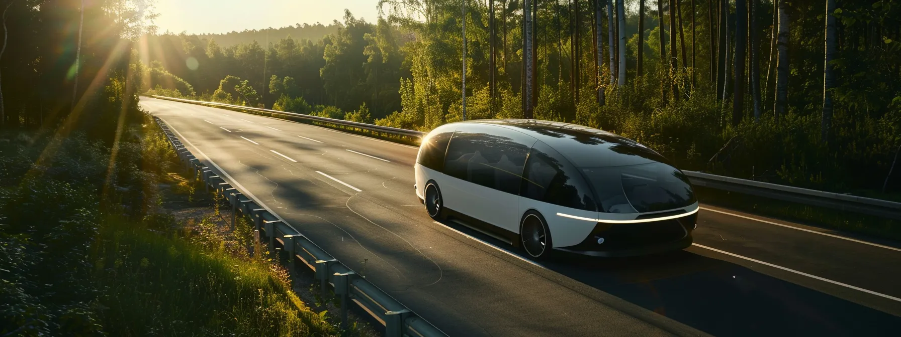 a sleek, eco-friendly vehicle glides along a sunlit highway, surrounded by lush greenery, symbolizing the harmony of fuel-efficient travel and environmental responsibility.