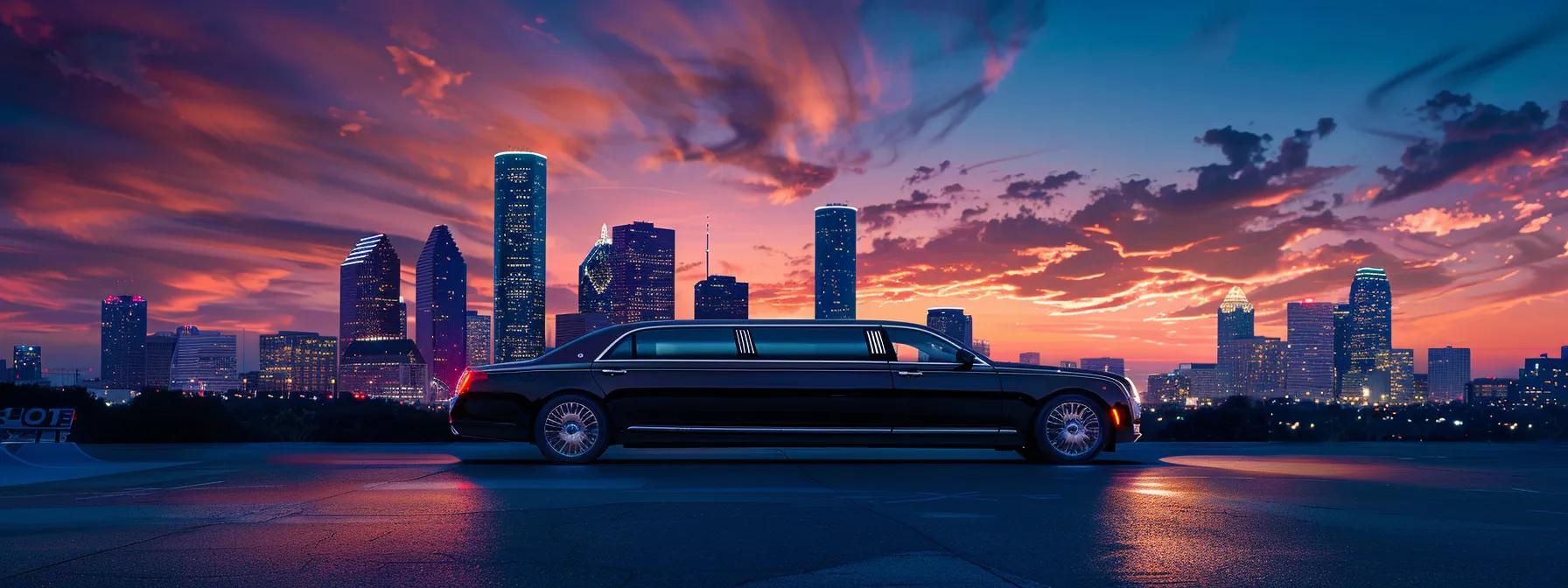 a sleek, luxurious limousine gleams under the vibrant houston skyline at dusk, ready for an elegant night out, with twinkling city lights reflecting off its polished surface.