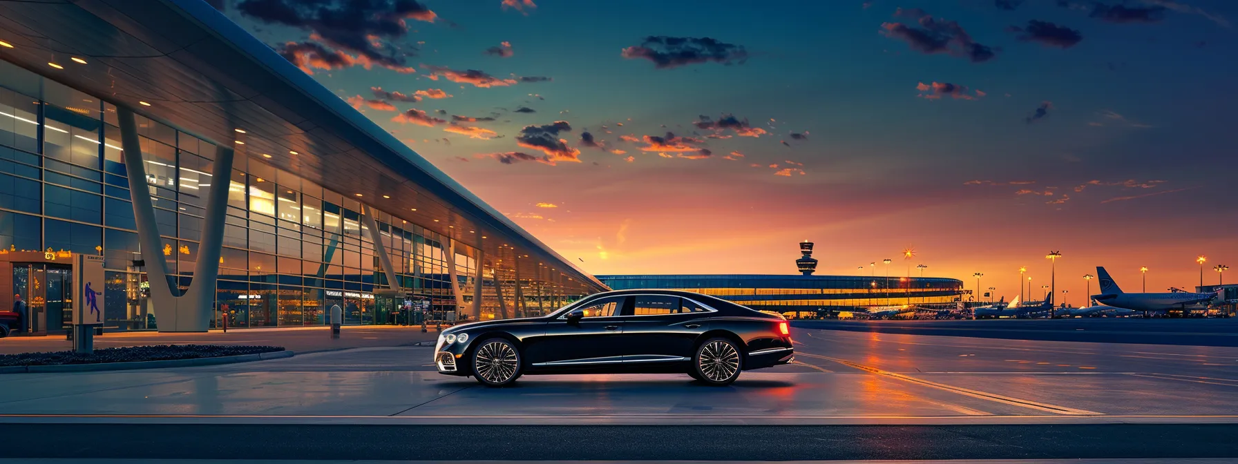 a sleek luxury car parked in front of the modern terminal of george bush intercontinental airport, illuminated by warm sunset light, symbolizing safety and reliability in travel.