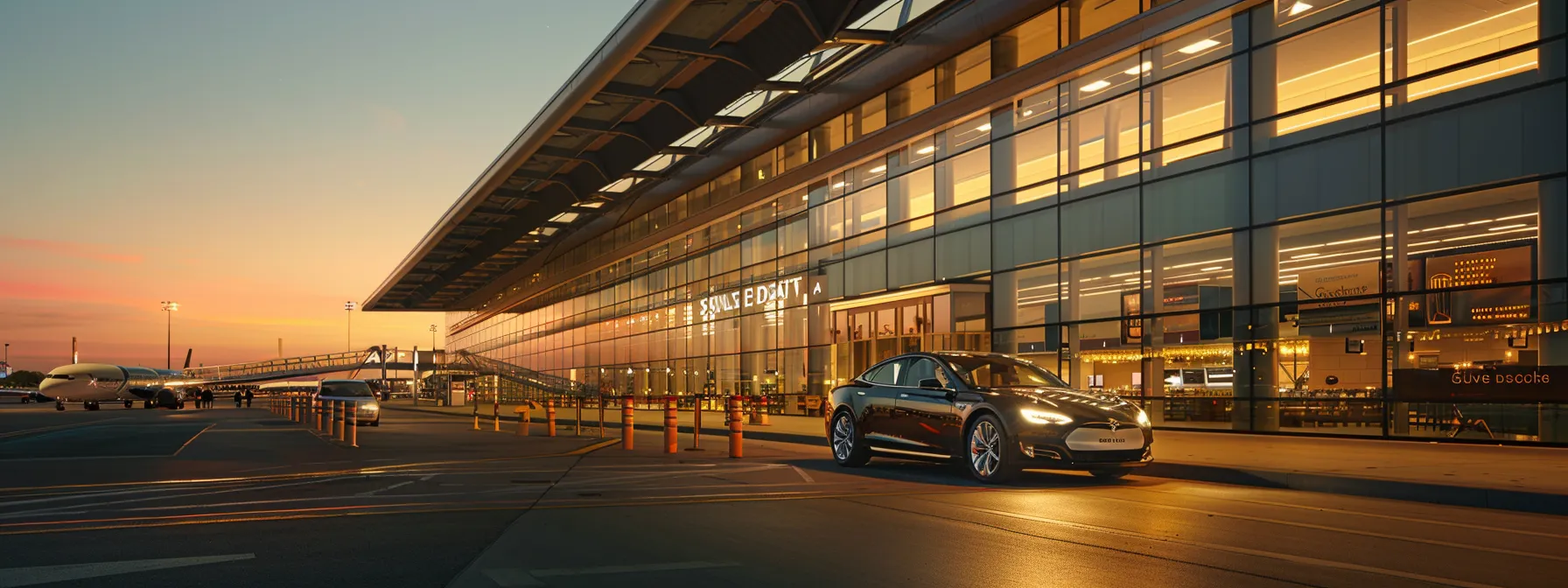 a sleek, modern car is parked outside an illuminated airport terminal, emphasizing seamless customer support and communication in travel, with the warm glow of twilight reflecting the anticipation of smooth journeys ahead.