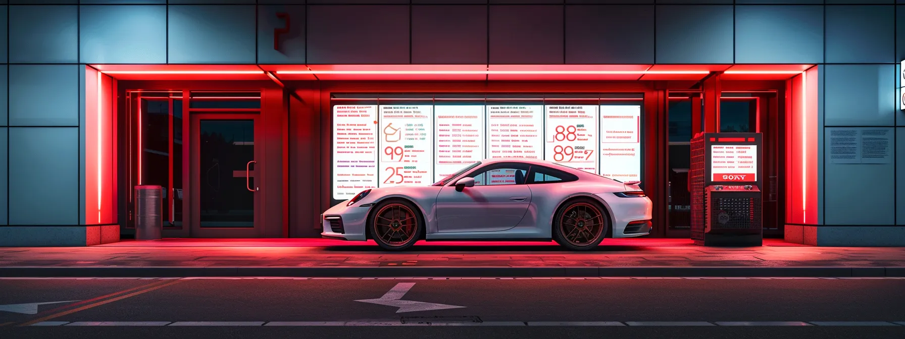 a sleek, modern car parked in front of a well-lit service center, showcasing an illuminated pricing board with detailed breakdowns, emphasizing the theme of transparency in car service pricing.