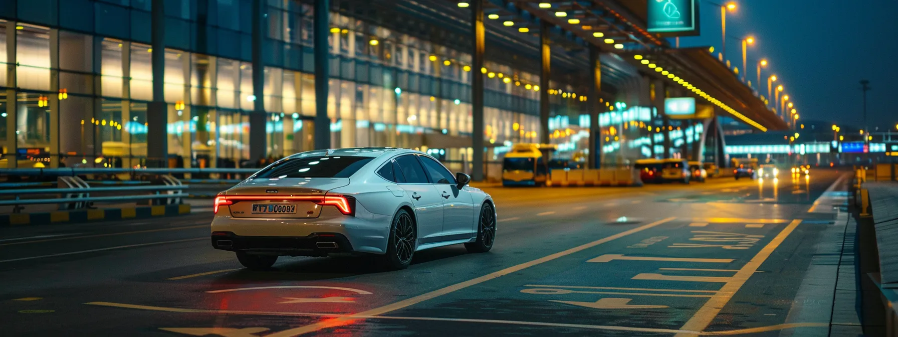 a sleek, modern car parked outside a bustling airport terminal, highlighting the convenience and flexibility of a premium car service with clear signage indicating multiple booking options.