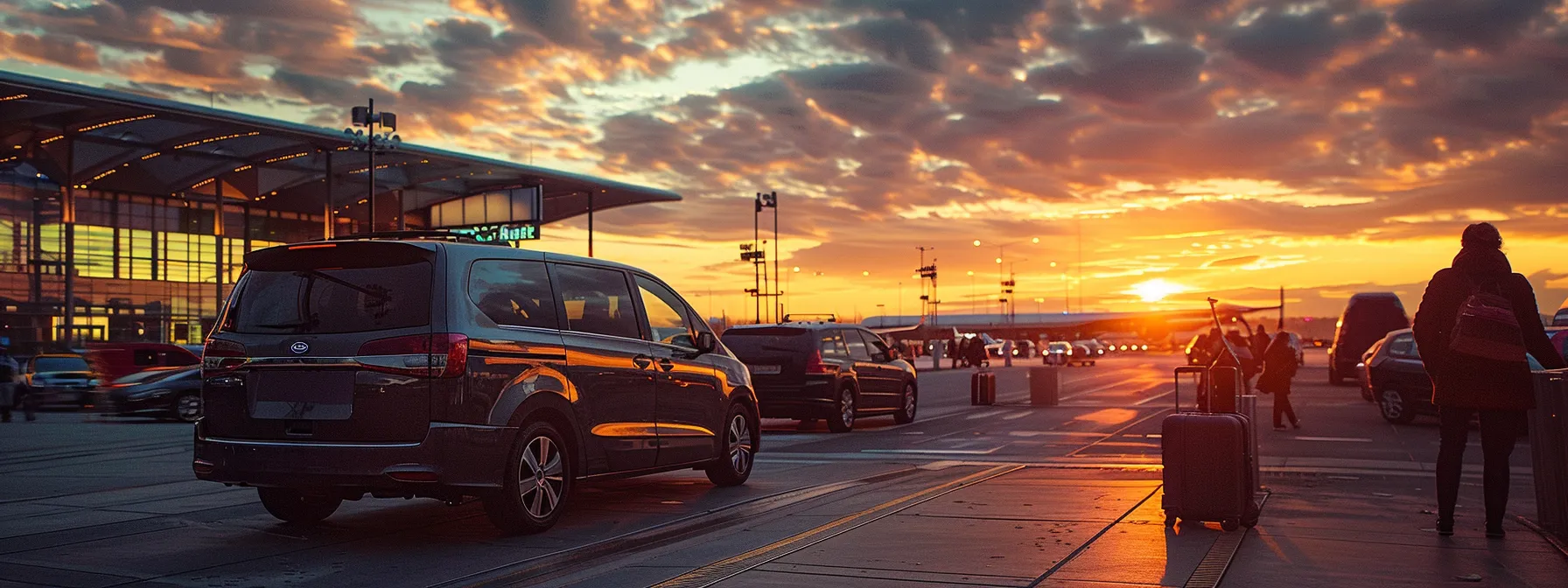 a sleek, modern minivan is parked in front of a bustling airport terminal, bathed in the warm glow of sunset, symbolizing dependable car service ready to whisk travelers to their destinations.