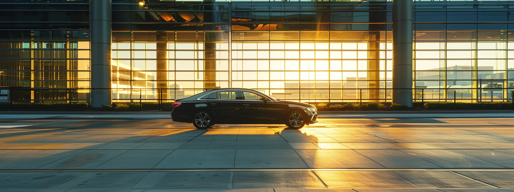 a sleek, modern vehicle gleams in the soft morning light, parked outside a bustling airport terminal, symbolizing the premium quality and reliability of car service to george bush intercontinental airport (iah).