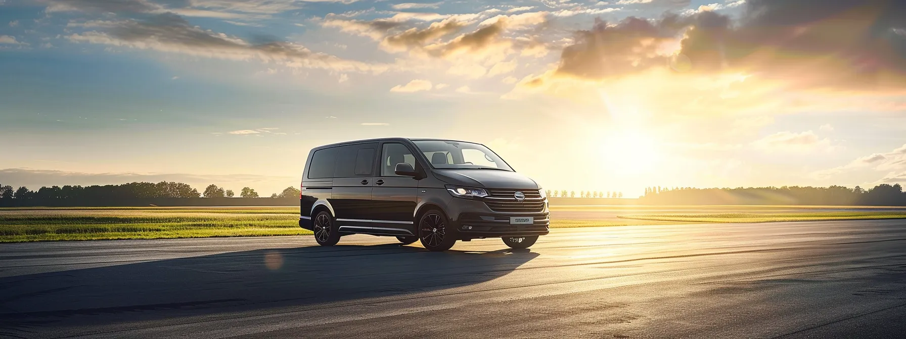 a sleek, modern vehicle with ample space sits confidently on a sunlit tarmac, symbolizing the ideal choice for cost-effective travel, surrounded by lush green landscapes and a clear blue sky.