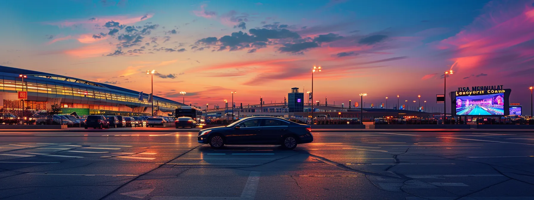 a vibrant cityscape at dusk showcases a sleek sedan parked near a glowing airport terminal, illuminated by dynamic promotional signs highlighting discounts and special offers for car services.