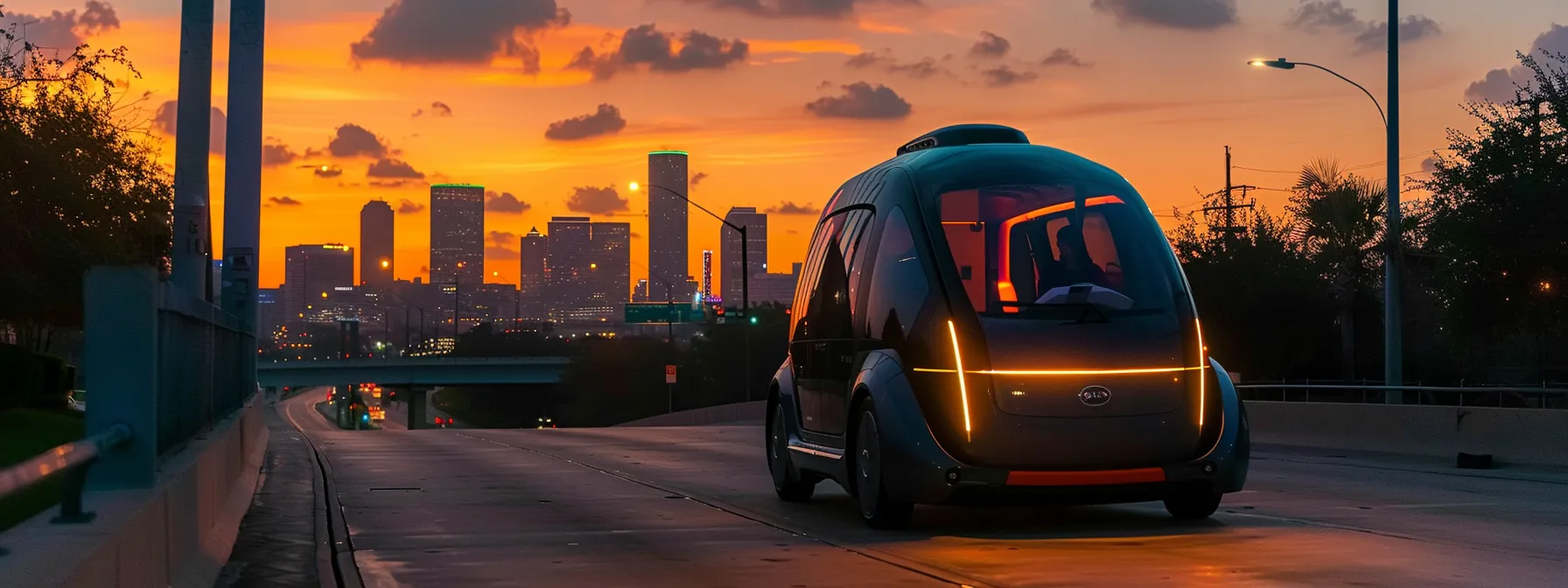 a vibrant cityscape at sunset showcases a sleek ride-sharing vehicle in motion, illuminated by the warm glow of streetlights, symbolizing the modern and cost-effective travel choices available in houston.