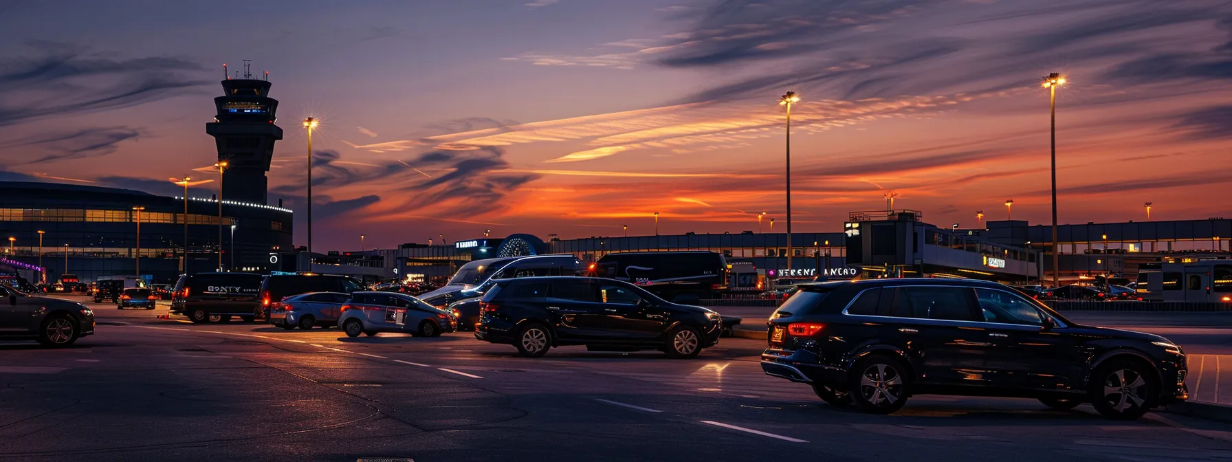 an elegantly designed infograph showcases the cost breakdown of various car service options to iah, featuring sleek sedans and spacious minivans against a vibrant airport backdrop, illuminated by the soft glow of sunset.