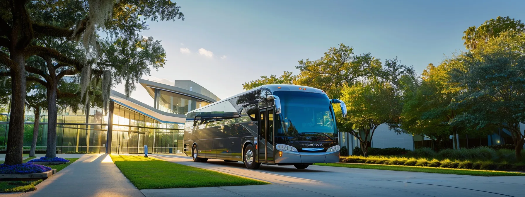 a gleaming private charter bus, prominently parked in front of the iconic menil collection, showcases a modern urban landscape in houston under bright, clear skies, emphasizing comfort and luxury in transportation. a gleaming private charter bus, prominently parked in front of the iconic menil collection, showcases a modern urban landscape in houston under bright, clear skies, emphasizing comfort and luxury in transportation.