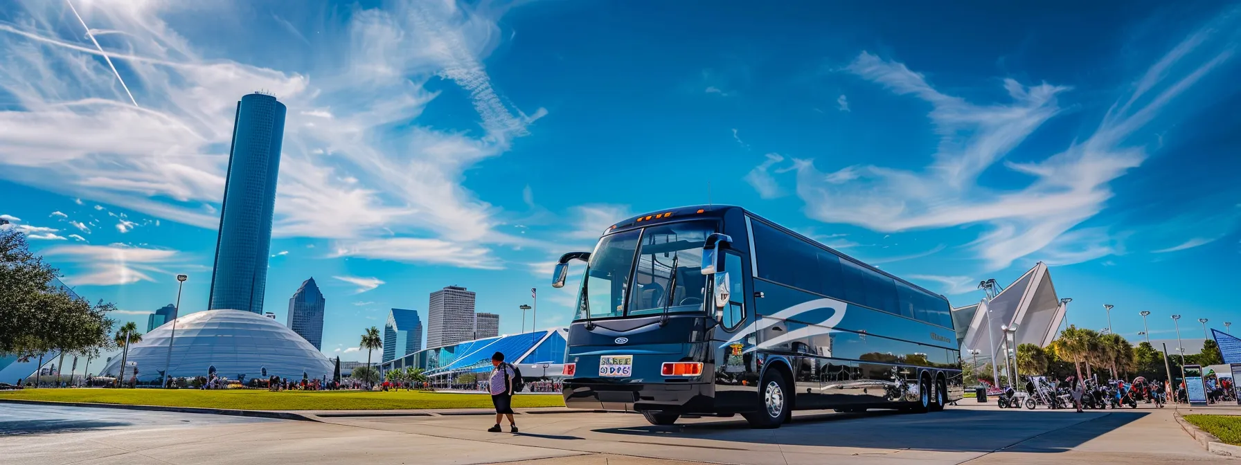 a sleek, modern private charter bus is parked in front of houston's iconic space center, with vibrant blue skies and bustling city life in the background, illustrating the excitement of a well-planned sightseeing tour. a sleek, modern private charter bus is parked in front of houston's iconic space center, with vibrant blue skies and bustling city life in the background, illustrating the excitement of a well-planned sightseeing tour.