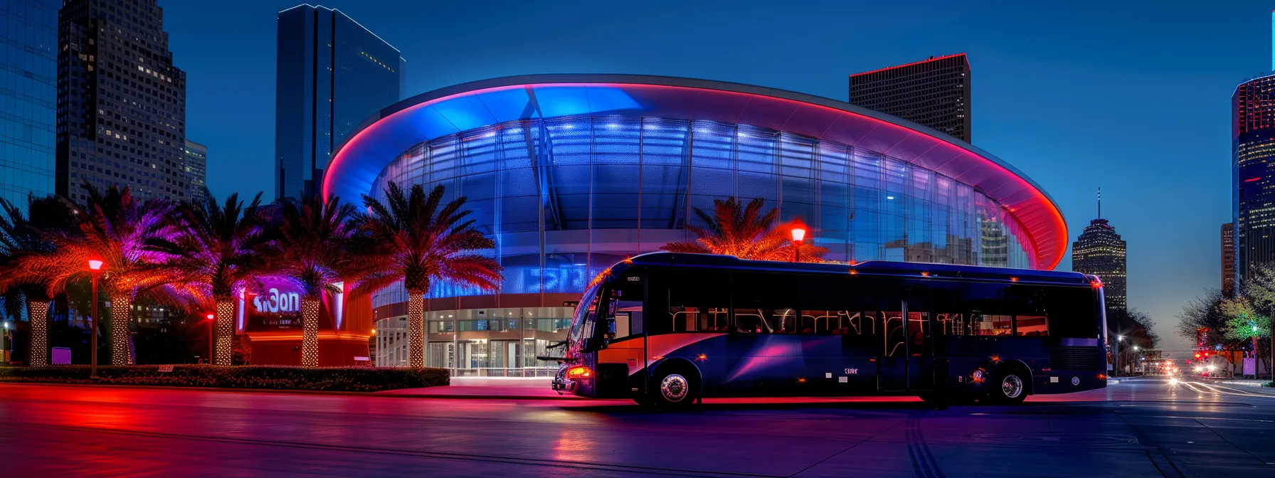 a sleek, modern private charter bus is parked in front of the iconic toyota center in houston, showcasing the vibrant urban atmosphere and inviting travelers to enjoy the flexibility and comfort of customized tours. a sleek, modern private charter bus is parked in front of the iconic toyota center in houston, showcasing the vibrant urban atmosphere and inviting travelers to enjoy the flexibility and comfort of customized tours.