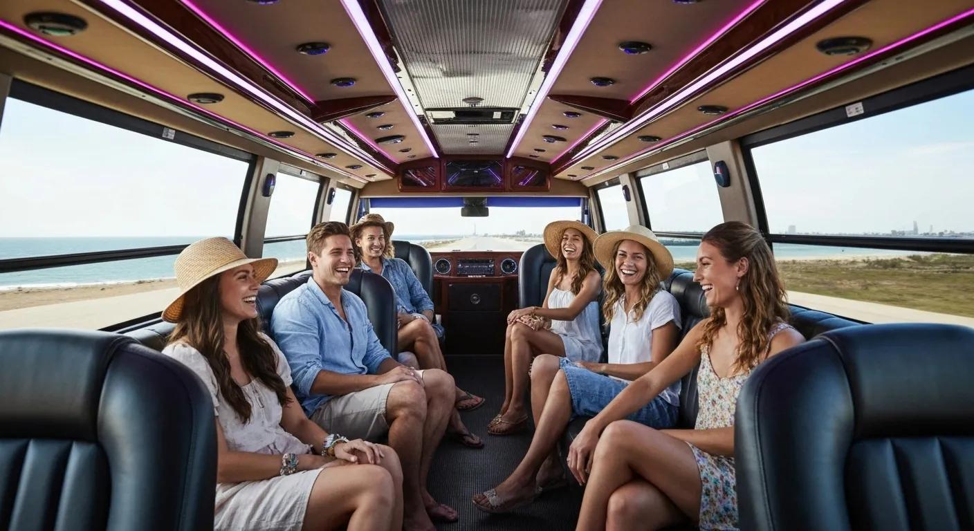 Luxurious interior of a limo bus filled with happy travelers heading to Galveston Port