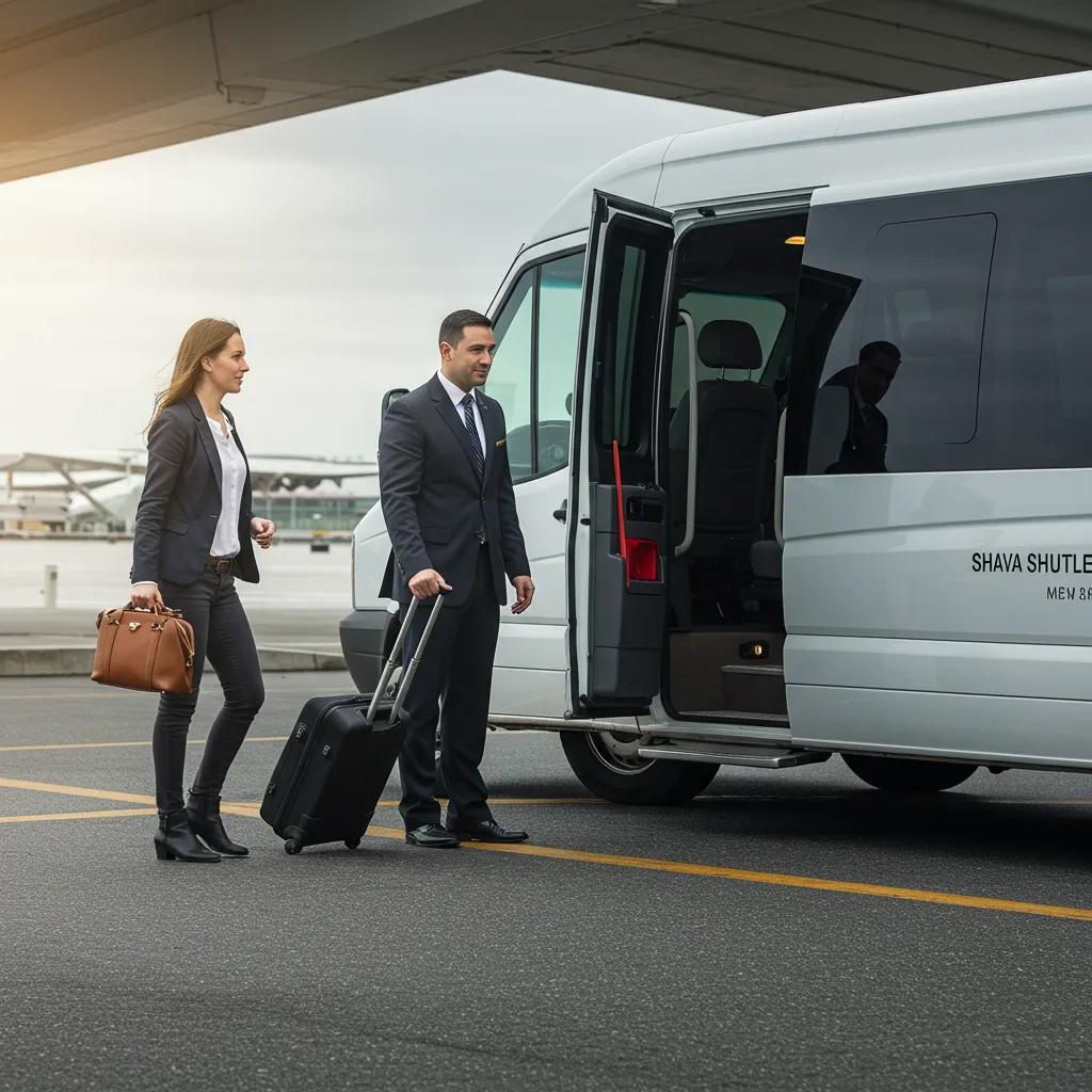 Chauffeur assisting a passenger with their luggage at the airport for a private shuttle service