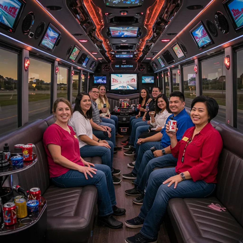 Interior of a limo bus with happy passengers, showcasing group transport amenities for cruise travelers