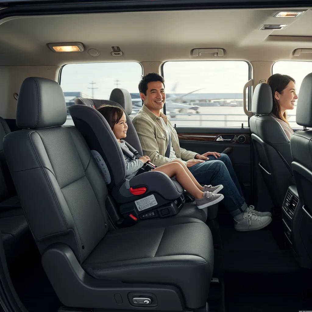Interior of a luxury SUV with family seating, highlighting comfort and safety features for airport transfers