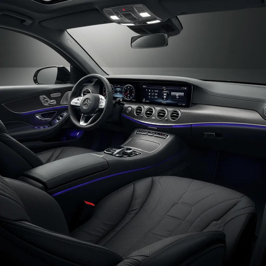 Luxurious interior of a high-end sedan, showcasing premium amenities like ambient lighting and charging ports